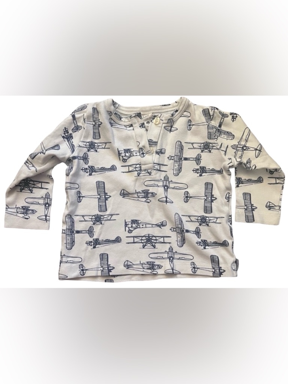 100% Organic | Long Sleeve Vintage Airplane Henley Tee | Play Condition